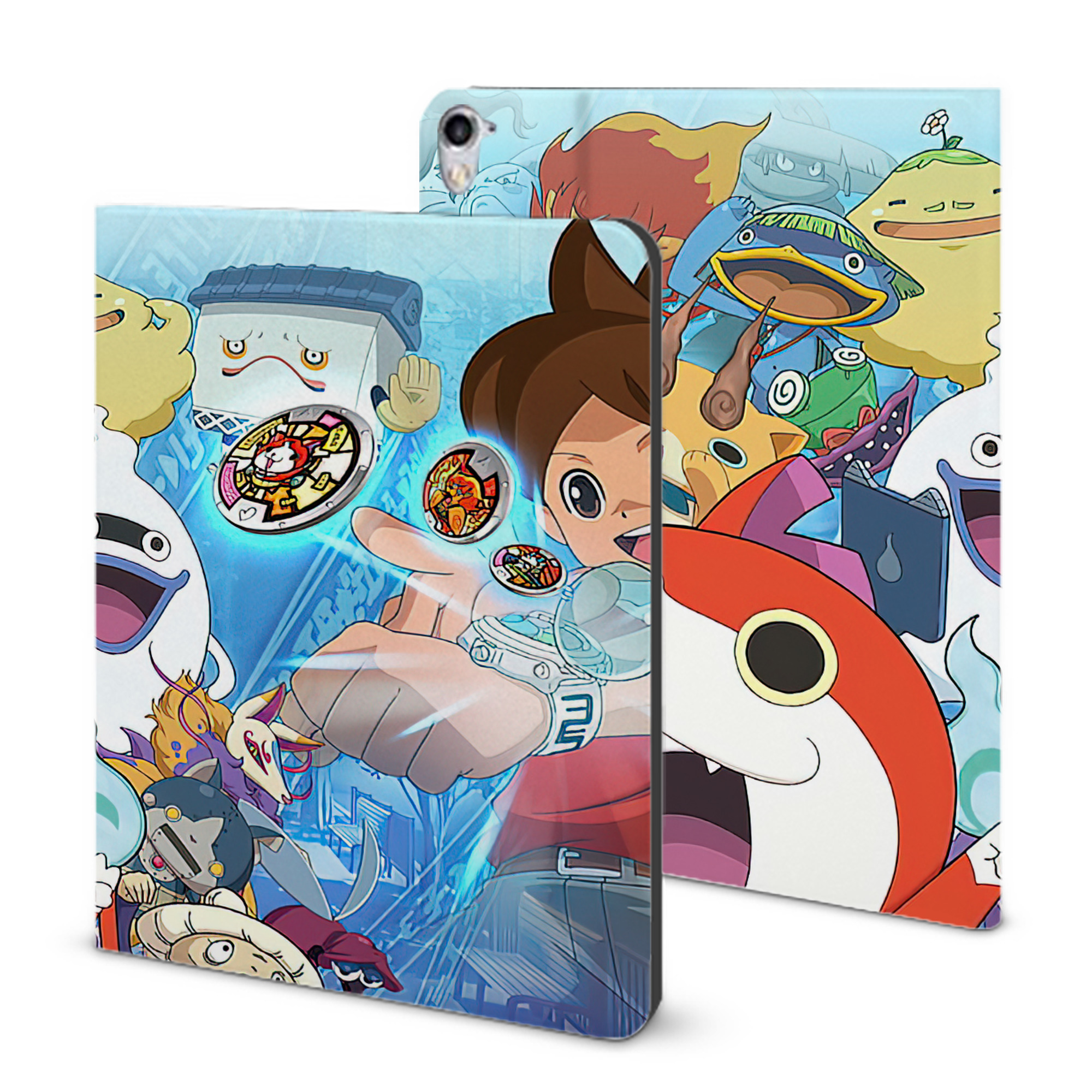 （画像用） 妖怪ウォッチ Yo-kai Watch IPad ケース ブック型 PUレザー TPU 耐衝撃 軽量 薄型 ペン収納なし 全面保護 IPad 各モデル対応